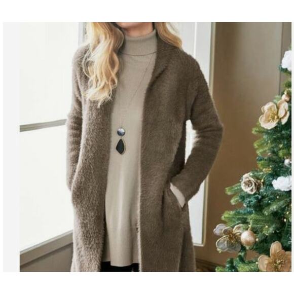 Soft Surroundings Maven Topper Fuzzy Sweater Long Brown Taupe Womens Size M - Picture 2 of 9